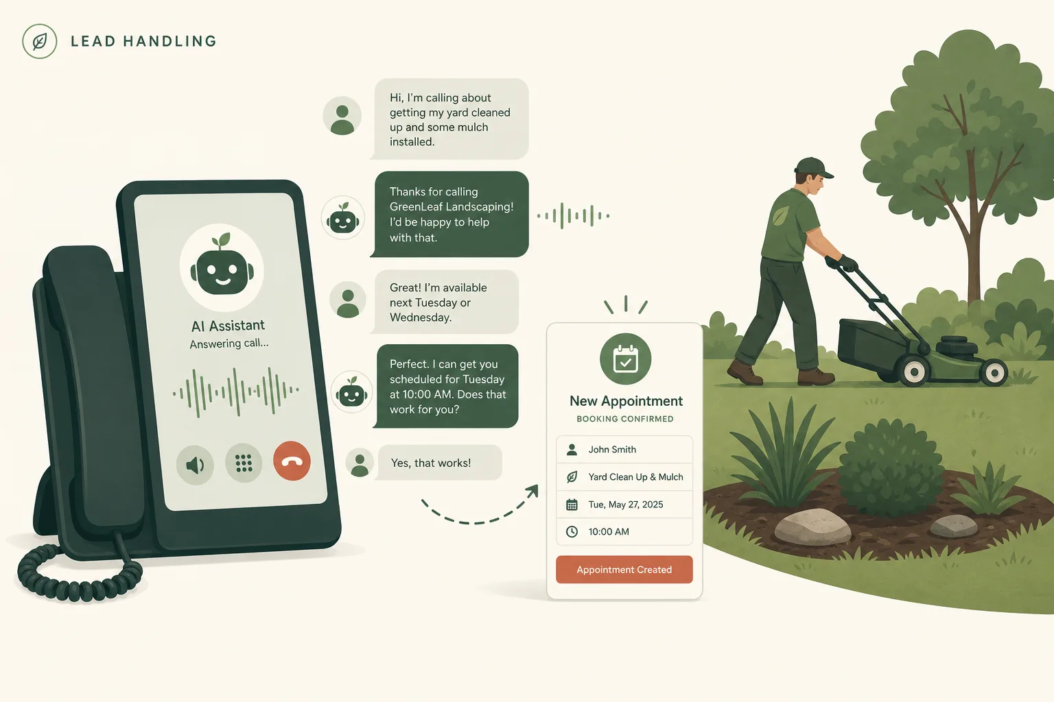 Landscaping office phone routing a customer call to an estimate calendar and a human