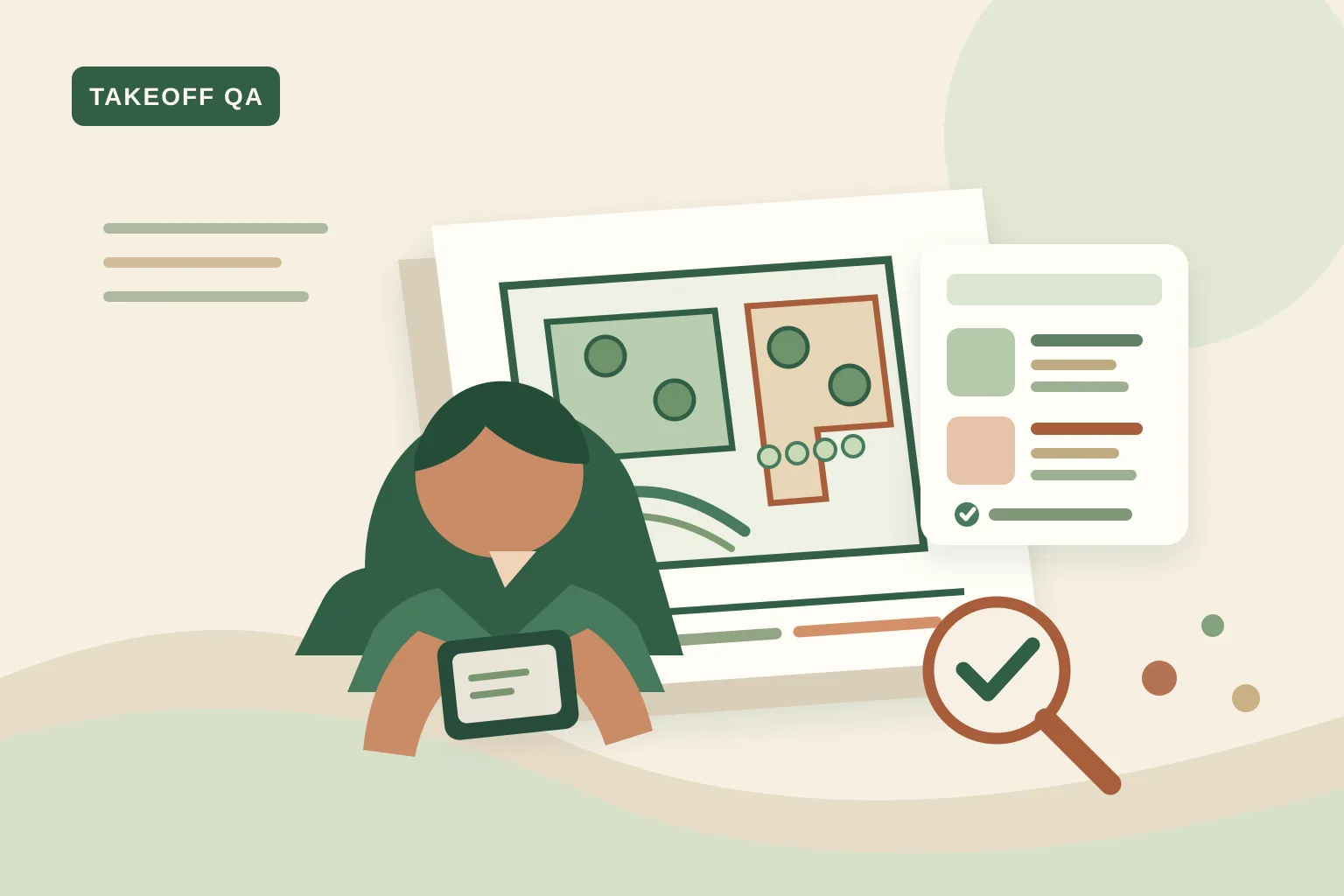 Landscape estimator comparing a construction plan, measured quantity layers, and a revision checklist before approving a takeoff
