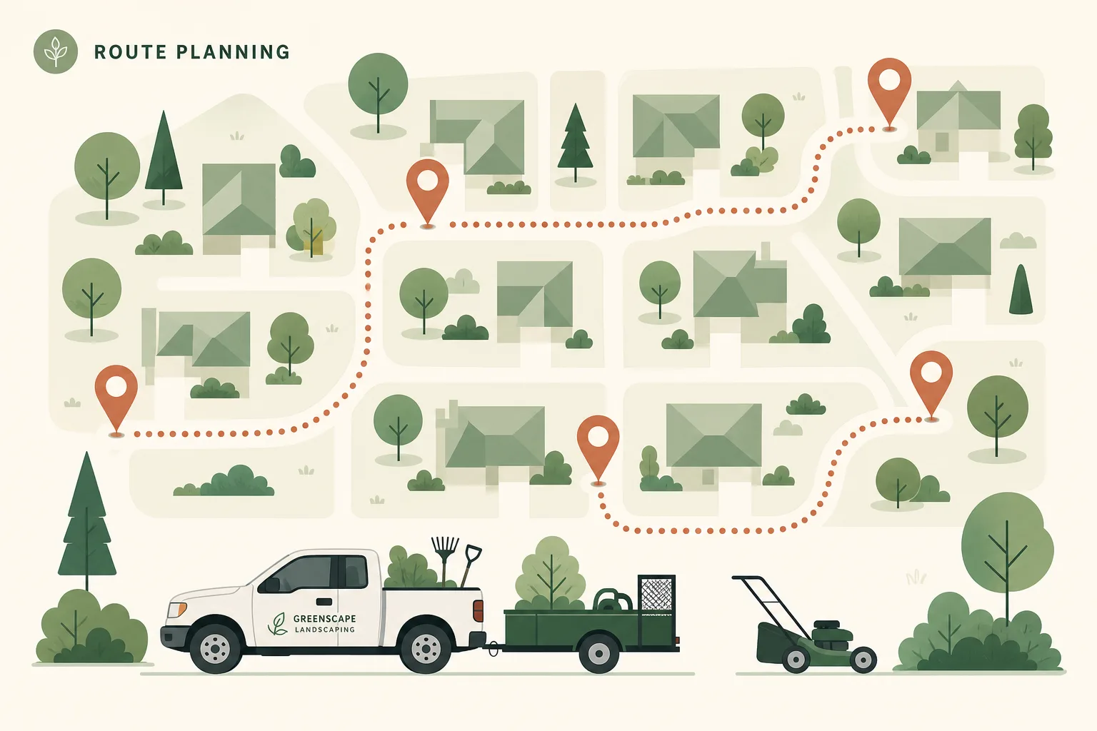 Two optimized landscaping crew routes drawn across a stylized neighborhood map