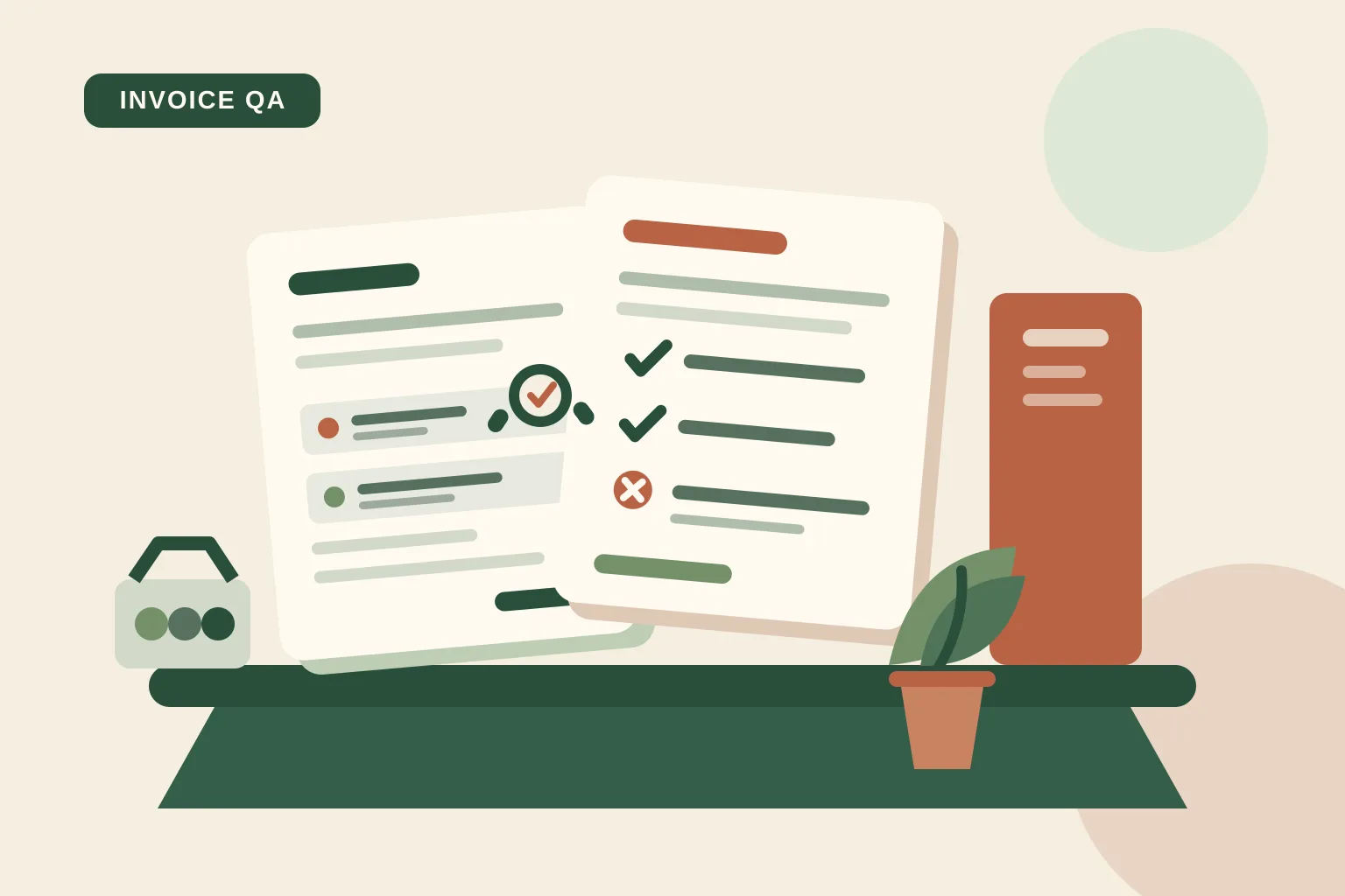 Office reviewer comparing a landscape material invoice with a purchase order and delivery record