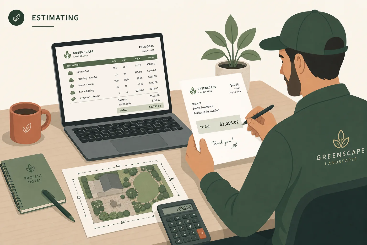 Landscape estimator comparing labor, material, and equipment costs on a job proposal