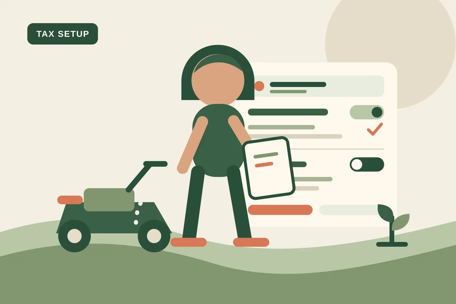 Lawn care operator reviewing taxable service settings on an invoice beside a mower and landscaped property